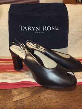 Taryn Rose Black Leather Peep-Toe Slingback Block Heels